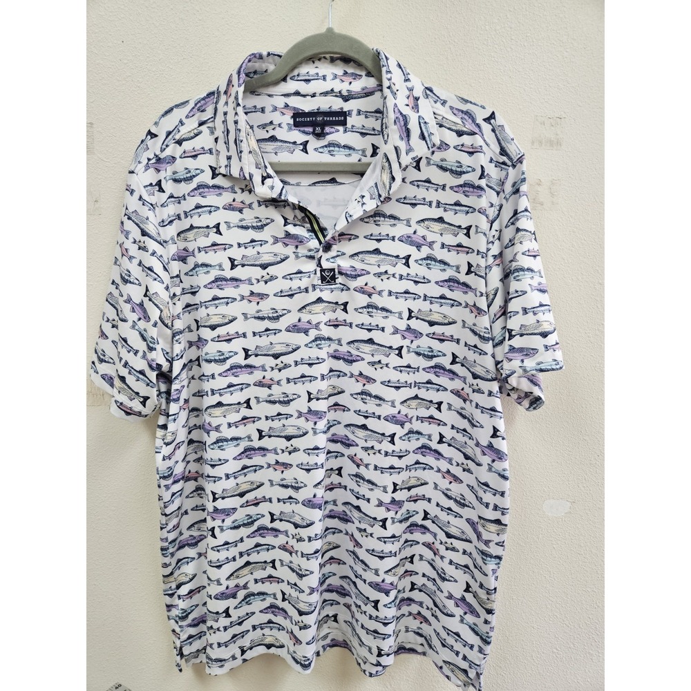SOCIETY OF THREADS Mens Size XL All Over Fish Print Short Sleeve Golf Shirt
